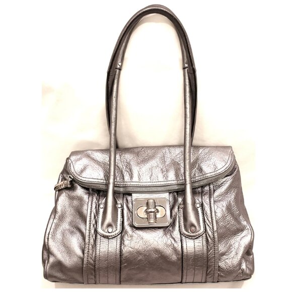 B. Makowsky Large Handbag/Shoulder Bag Silver Metallic Leather - Picture 1 of 13